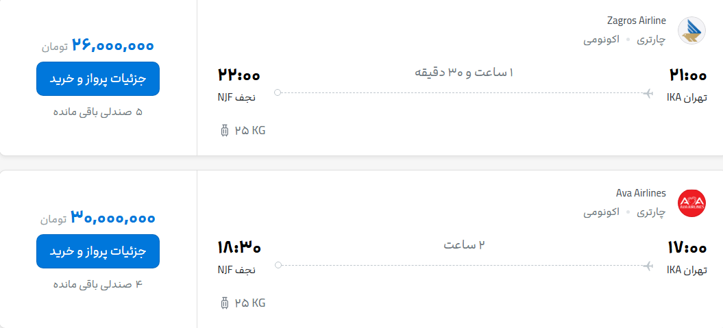 قیمت پرواز تهران - نجف، امروز چهارشنبه ۱۸ شهریور ۱۴۰۵