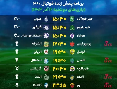 برنامه بازی‌‌‌‌‌‌‌‌‌‌‌‌های فوتبال امروز دوشنبه ۱۲ آذر ۱۴۰۳