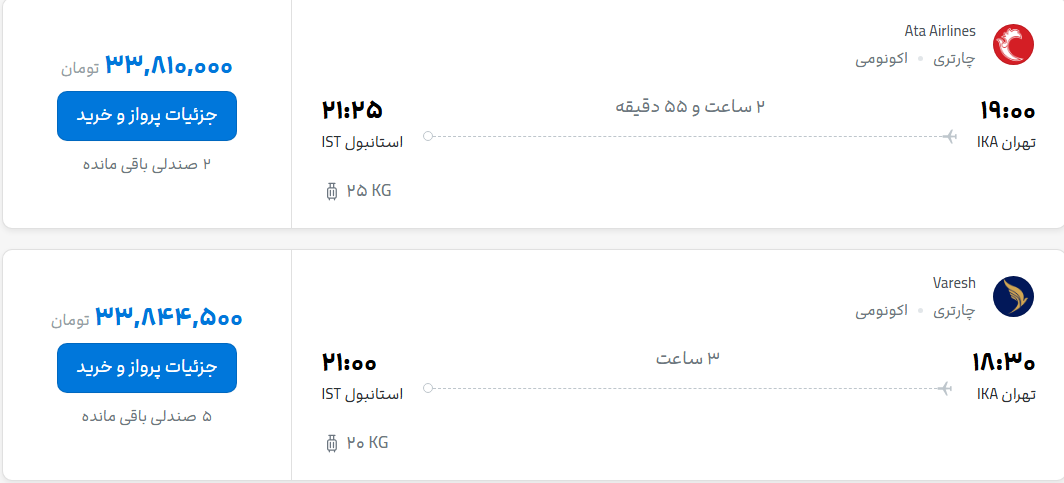 قیمت پرواز تهران - استانبول، امروز دوشنبه ۶ مهر ۱۴۰۵