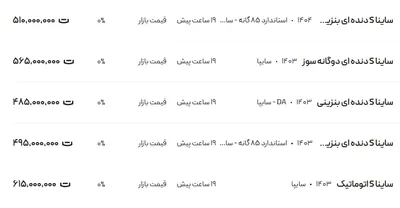 قیمت ساینا، امروز ۷ اردیبهشت ۱۴۰۴