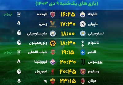 برنامه بازی‌‌‌‌‌‌‌‌‌‌‌‌های فوتبال امروز یک‌شنبه ۹ دی ۱۴۰۳