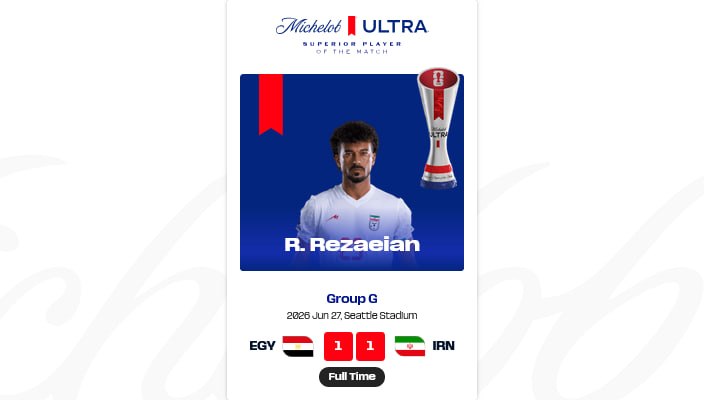 رامین رضائیان بهترین بازیکن بازی ایران و مصر شد